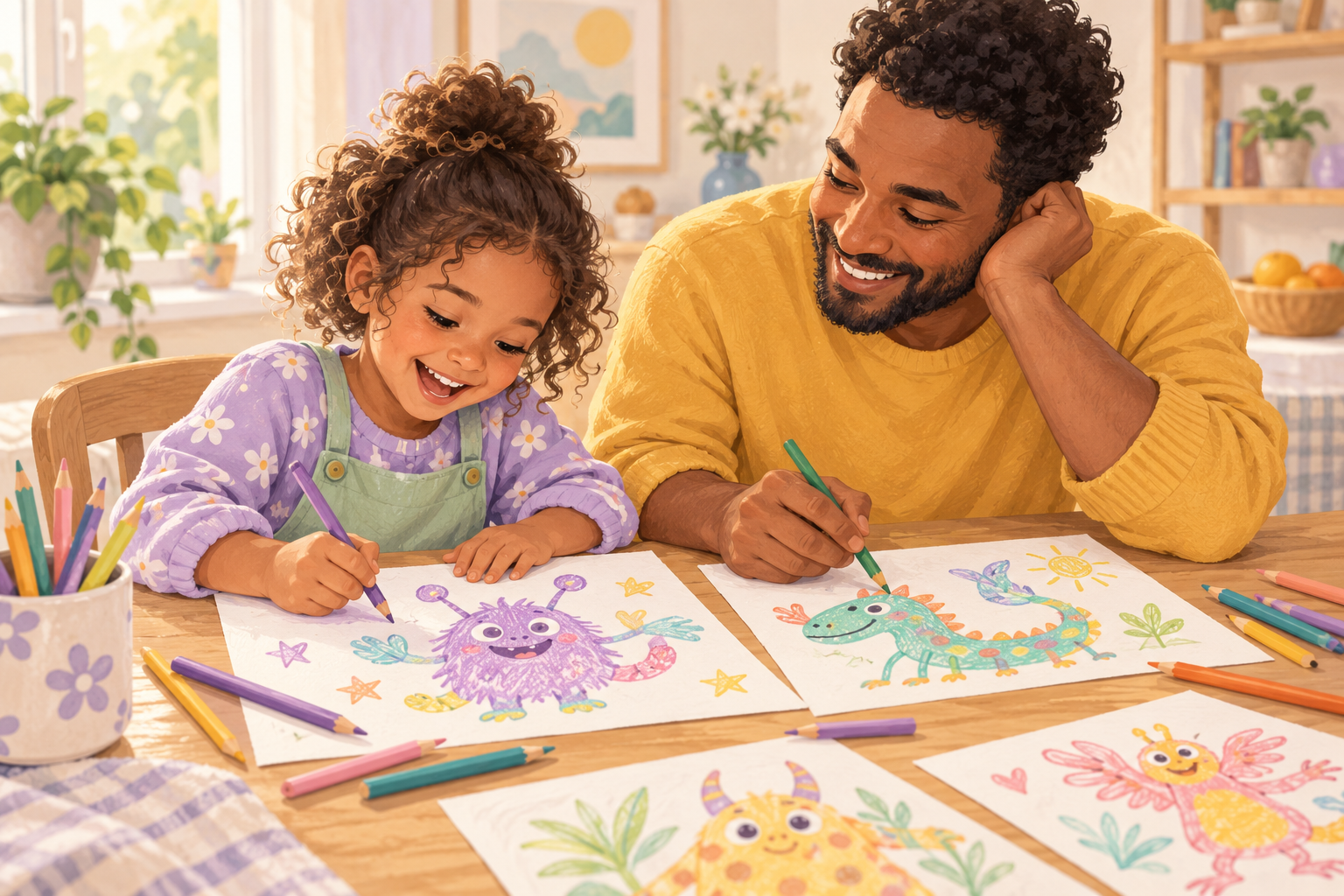 A parent and child drawing imaginative creatures together
